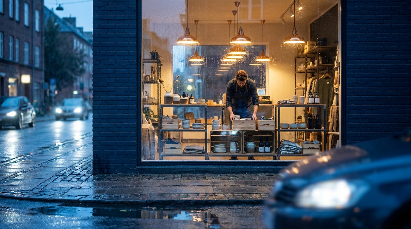Small shop interior seen through a large window at dusk, owner arranging inventory under warm lights against a cool blue street