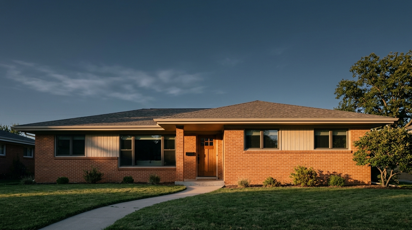 Overhead flat-lay on dark charcoal slate: a small white architectural house model casting a sharp diagonal shadow beside a matte black fountain pen, single raking window light