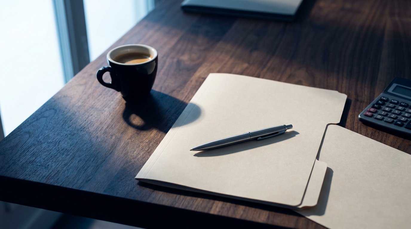 Overhead flat-lay of a business bank statement, fountain pen, and calculator on a dark wood desk with hard side lighting