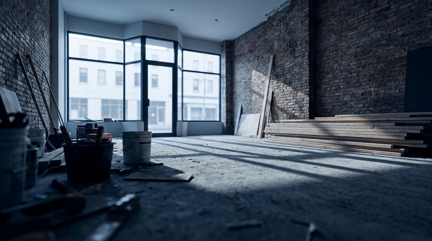 Interior of a commercial space mid-renovation with morning light pouring through large storefront windows