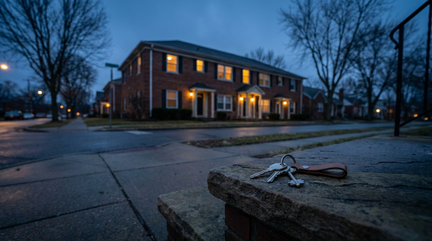 Brick investment property on a residential street at blue hour, warm light glowing from the windows