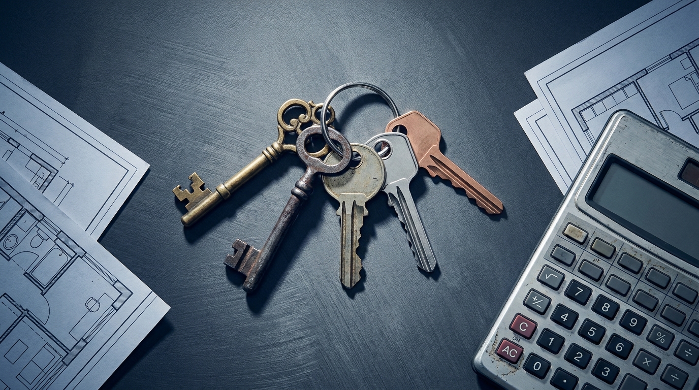 Multiple sets of house keys and floor plan blueprints spread on a dark surface, representing a rental property portfolio