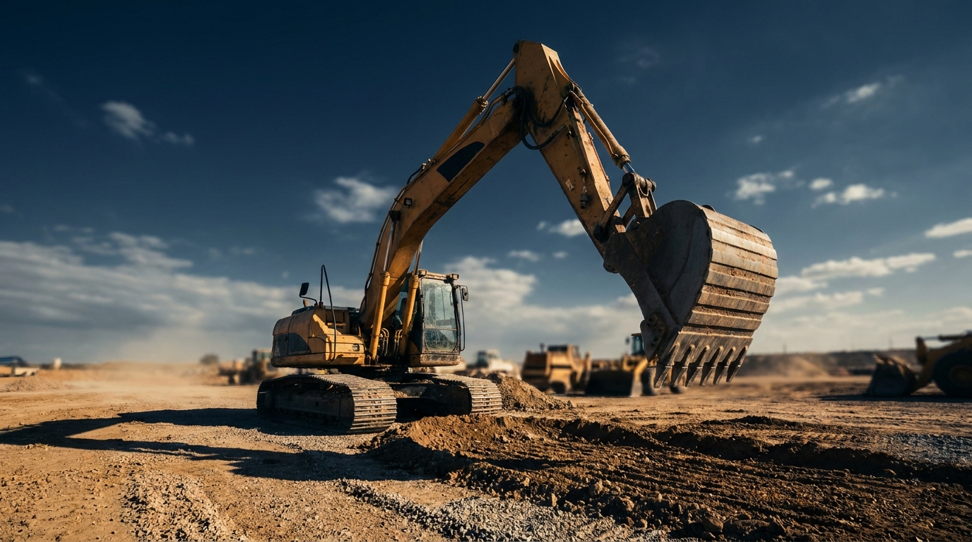 Low-angle view of a yellow excavator with its bucket raised against a wide afternoon sky on an open-cut construction site, hard directional sunlight casting long shadows across graded earth