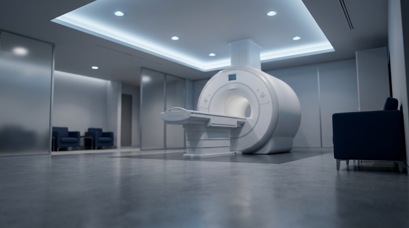 Interior of a modern MRI suite, large white cylindrical scanner centered in frame, soft clinical blue-white light, clean empty room
