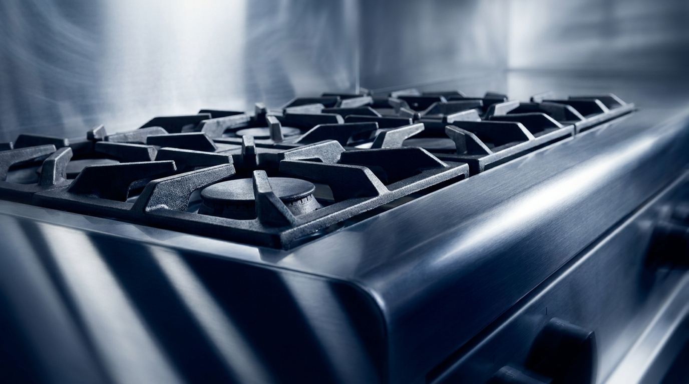 Close-up of gleaming stainless steel commercial kitchen range burners with dramatic side lighting