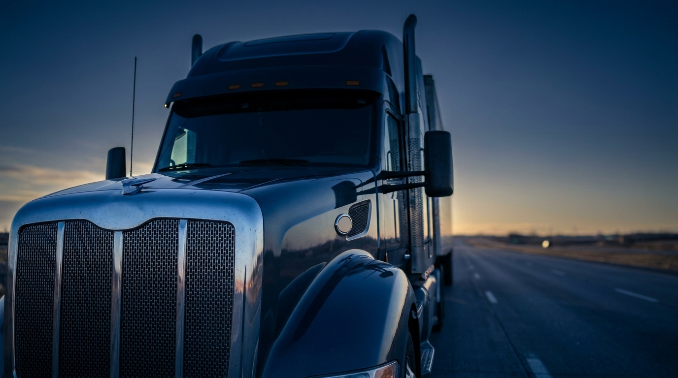 Low-angle view of a Class 8 semi truck cab against a pre-dawn deep blue sky on an open highway, rim lighting from behind, cool editorial color grade