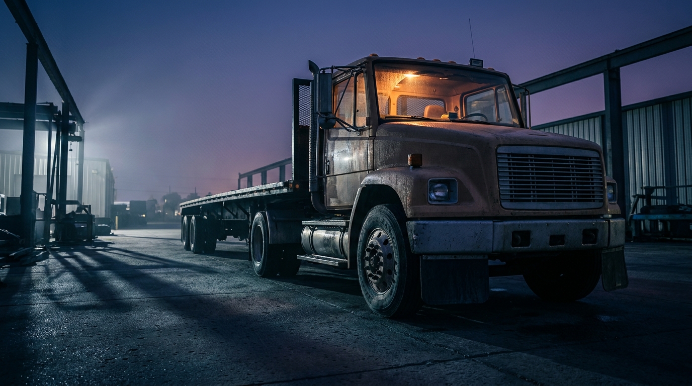 Heavy commercial flatbed truck parked in an industrial workyard at pre-dawn, warm amber cabin light, cool blue-purple sky