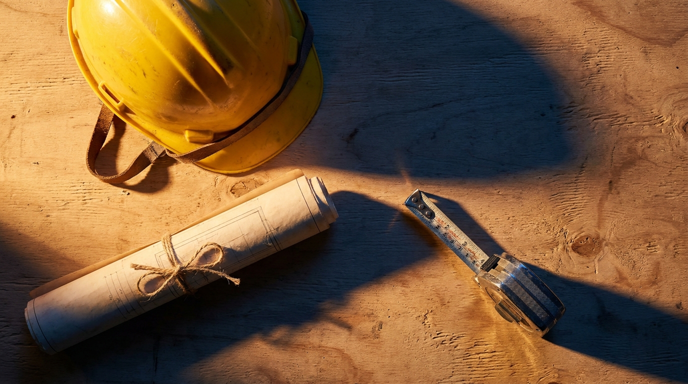 Construction hard hat, rolled architectural blueprints, and a steel measuring tape arranged flat on unfinished plywood with hard raking side light