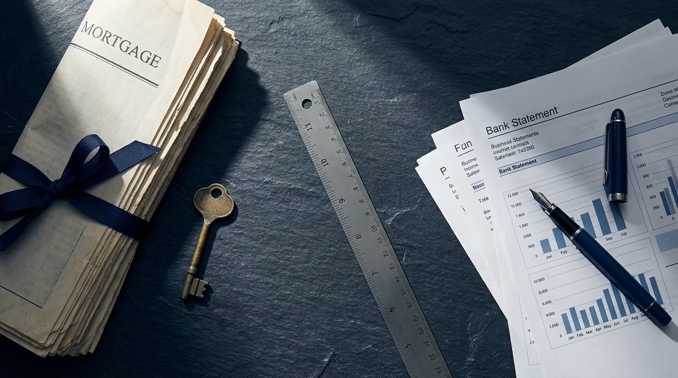 Two sets of financial documents on a dark slate surface, separated by a steel ruler, representing the distinction between business-purpose and personal HELOCs