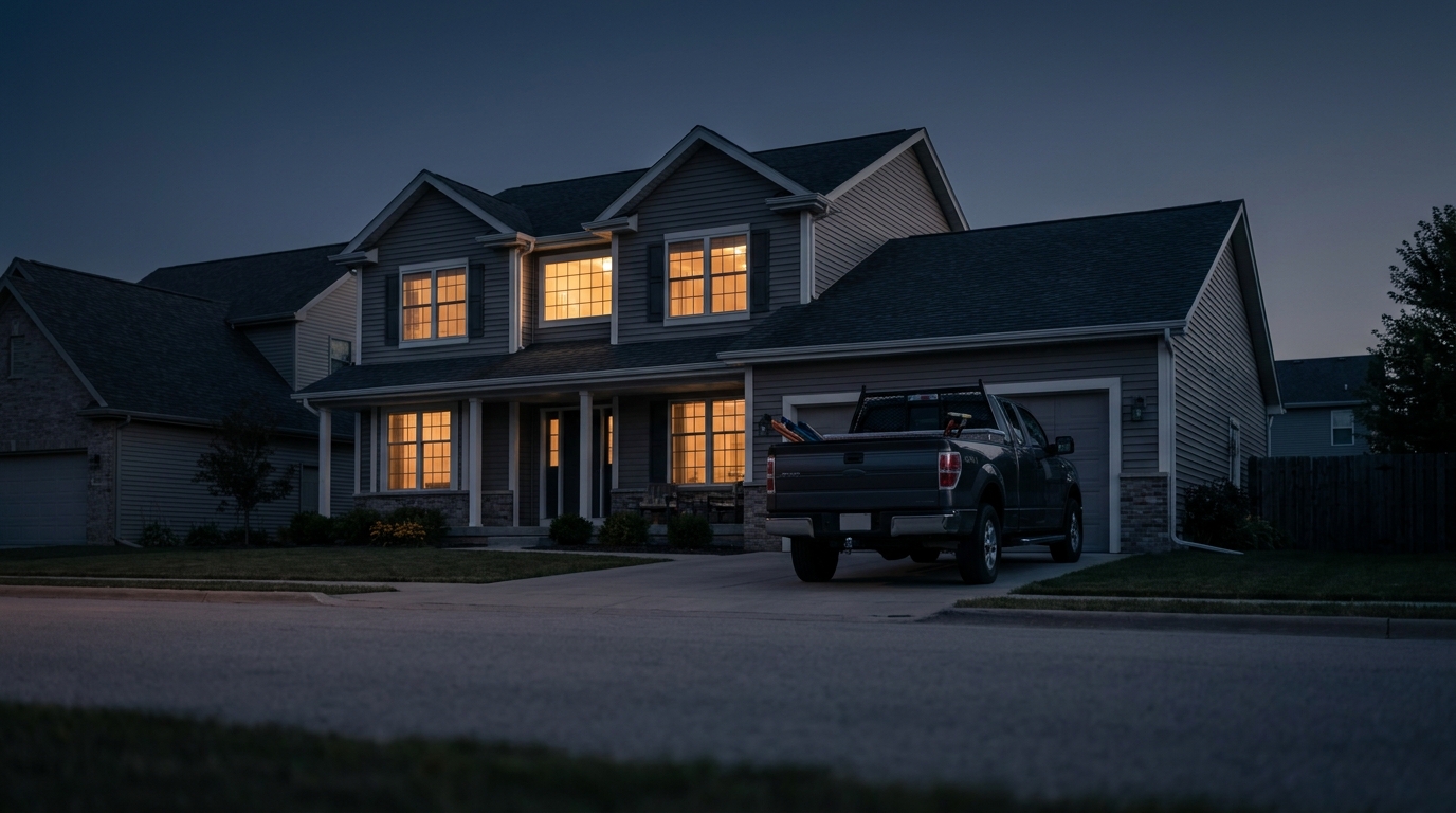 Self-employed contractor's truck parked in the driveway of a residential home at dusk