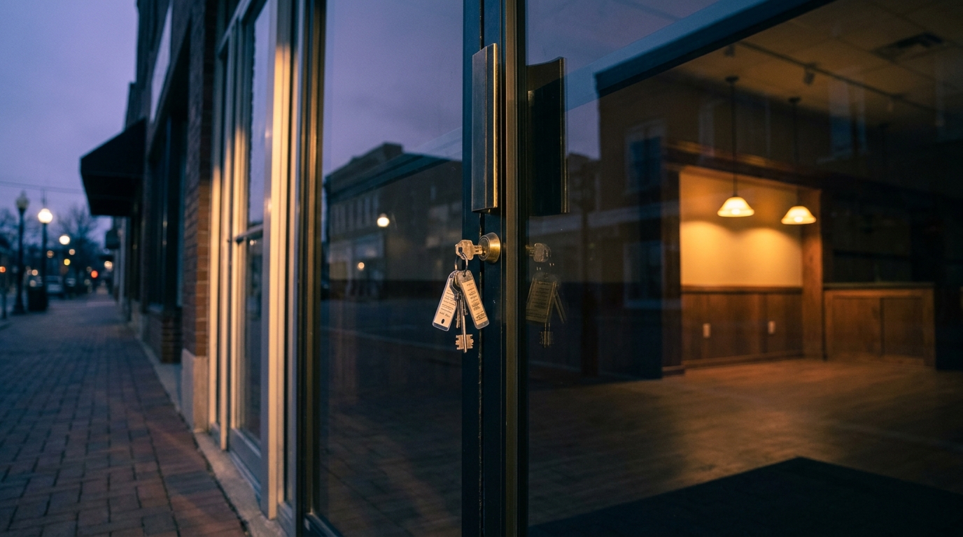 Glass front door of a small American storefront at dusk, a set of keys hanging from the lock, warm amber interior light glowing inside against a cool blue evening sky