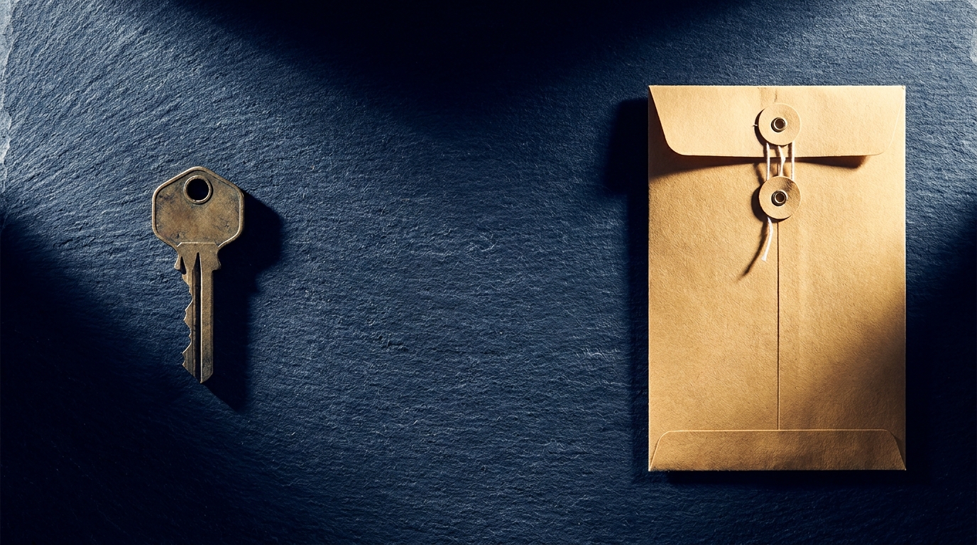 Brass house key on the left and a sealed business envelope on the right, on a dark slate surface with hard raking side light