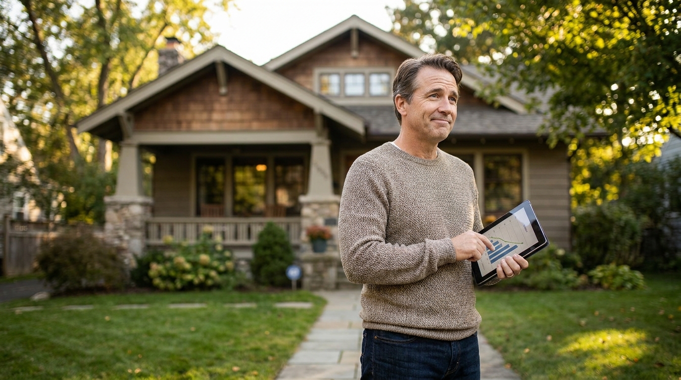 Business owner thinking carefully in front of their home