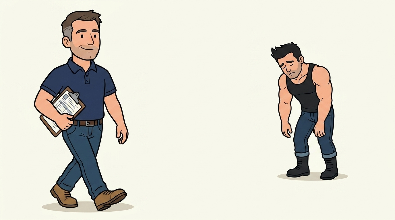 Business owner walking away from a defeated MCA character, ad-style cartoon