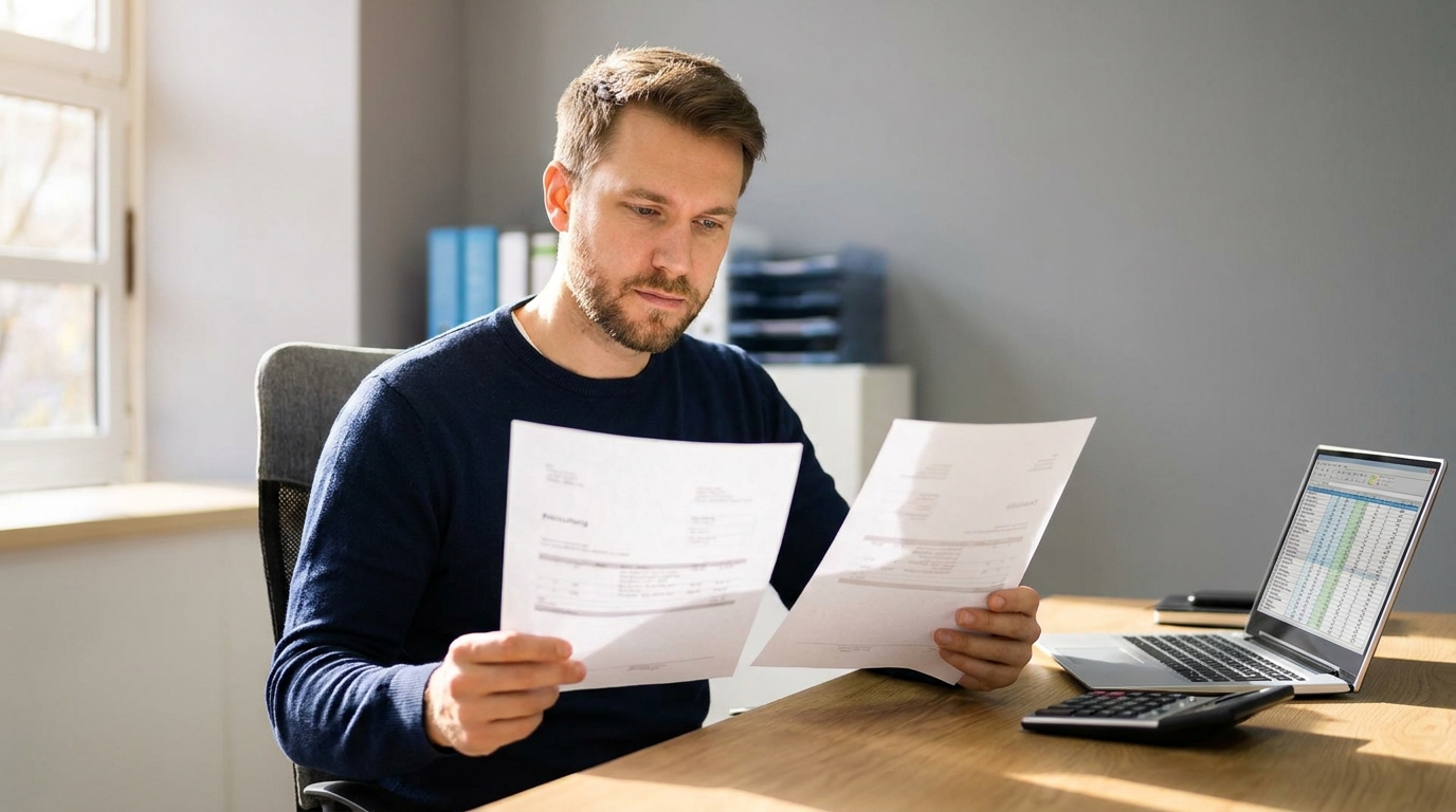 Business owner comparing two financing offer sheets at a desk