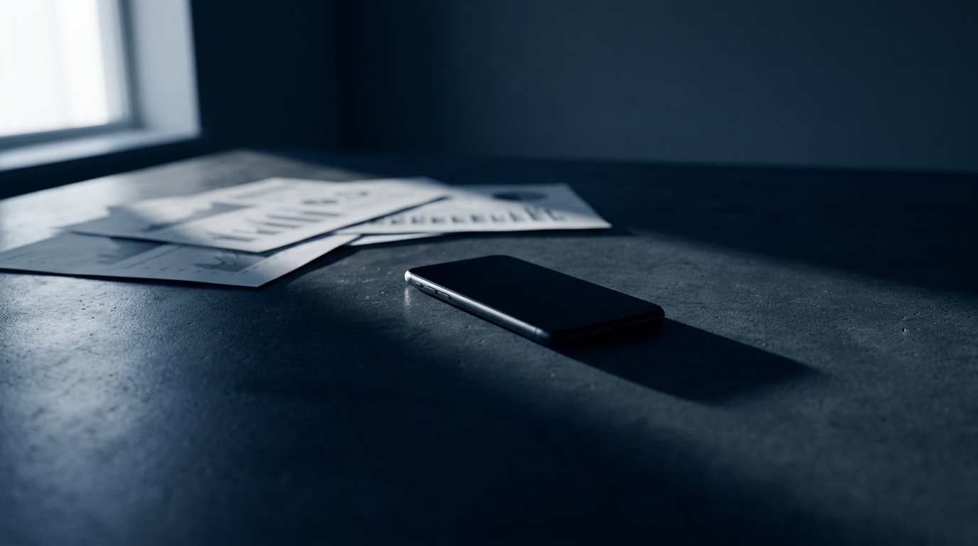 Smartphone placed on printed bank statements on a concrete surface, hard side window light, cool editorial tone