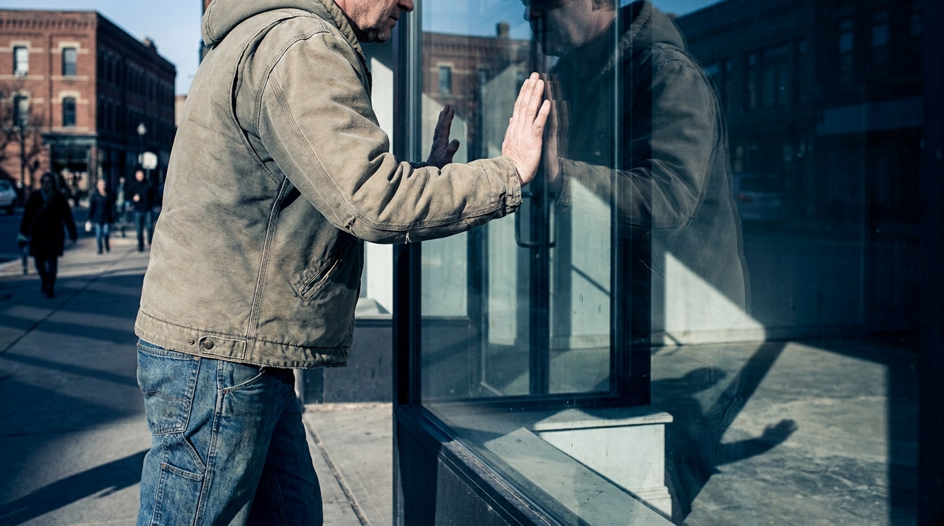 Business owner pressing both hands against the glass facade of an empty commercial storefront, peering inside at the vacant space, hard morning side light