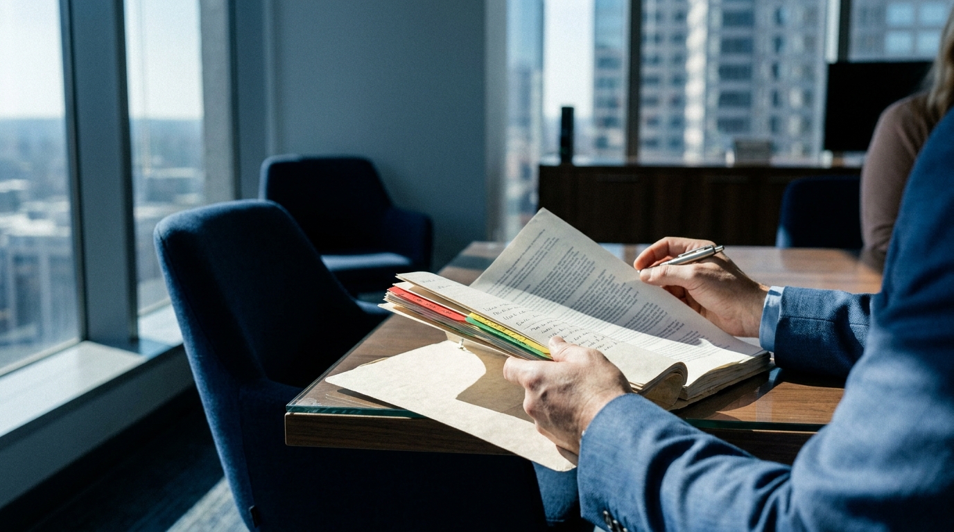 Business loan underwriter spreading open a thick SBA application file on a glass conference table, side light from a floor-to-ceiling window