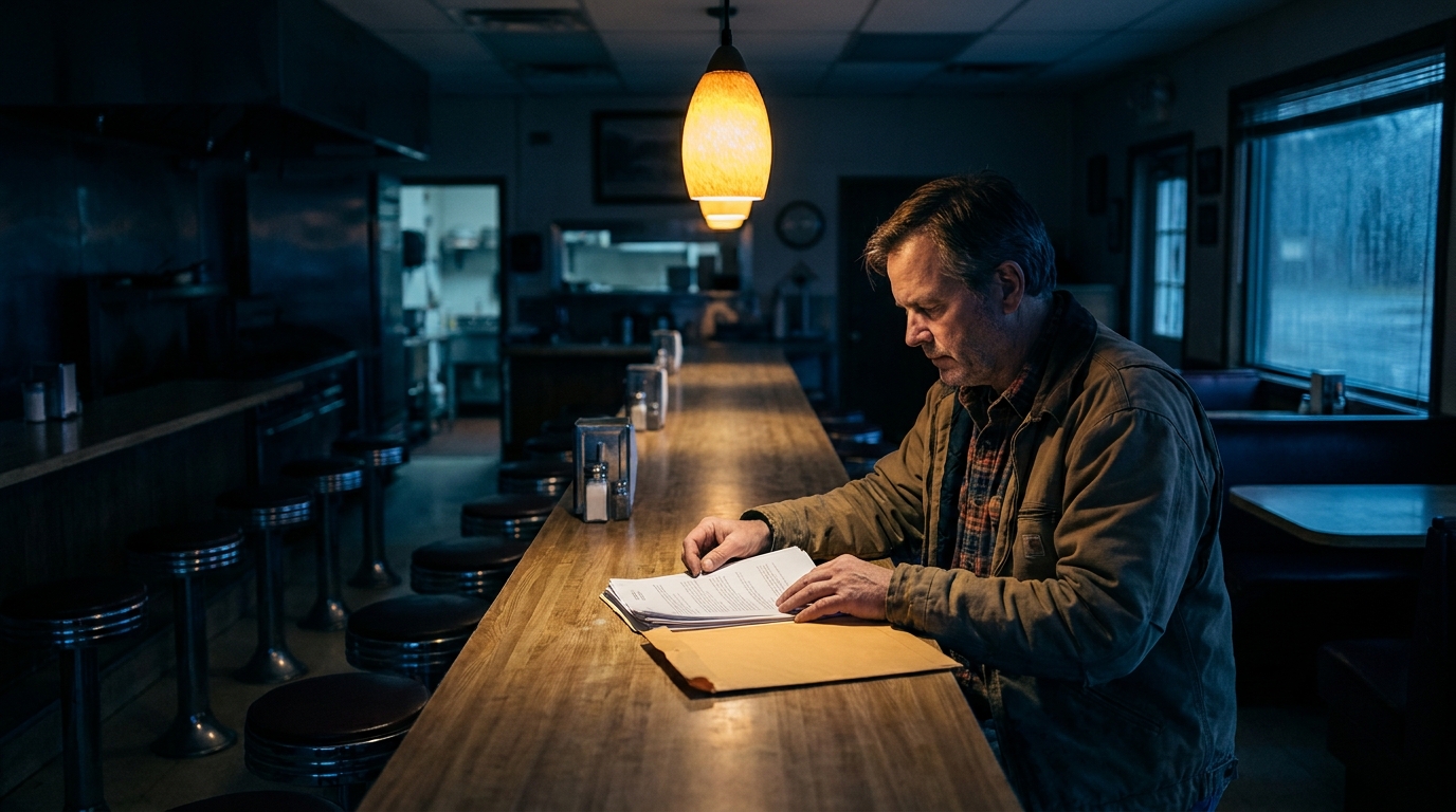 Business owner reading loan documents late at night in a closed restaurant