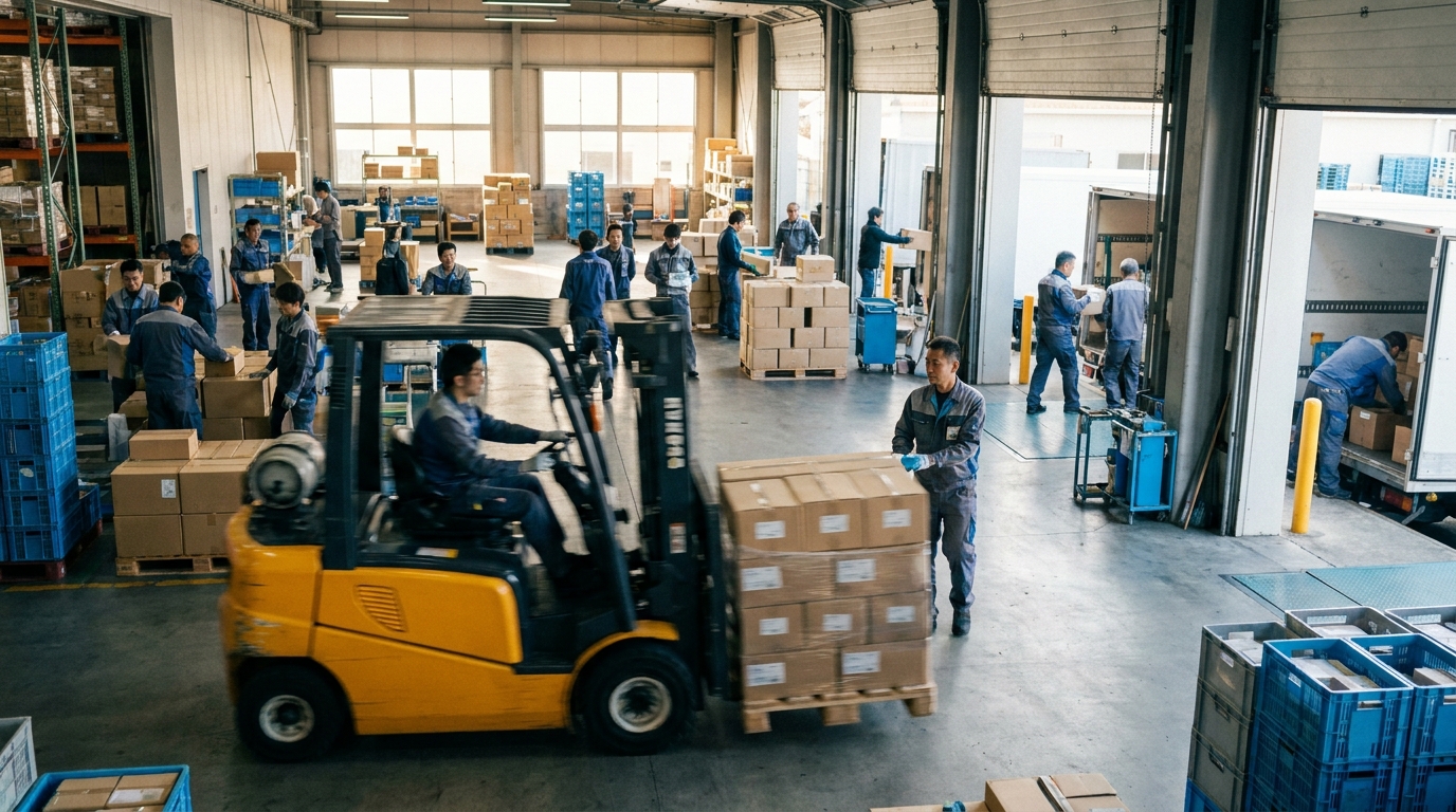 A busy warehouse operation in motion