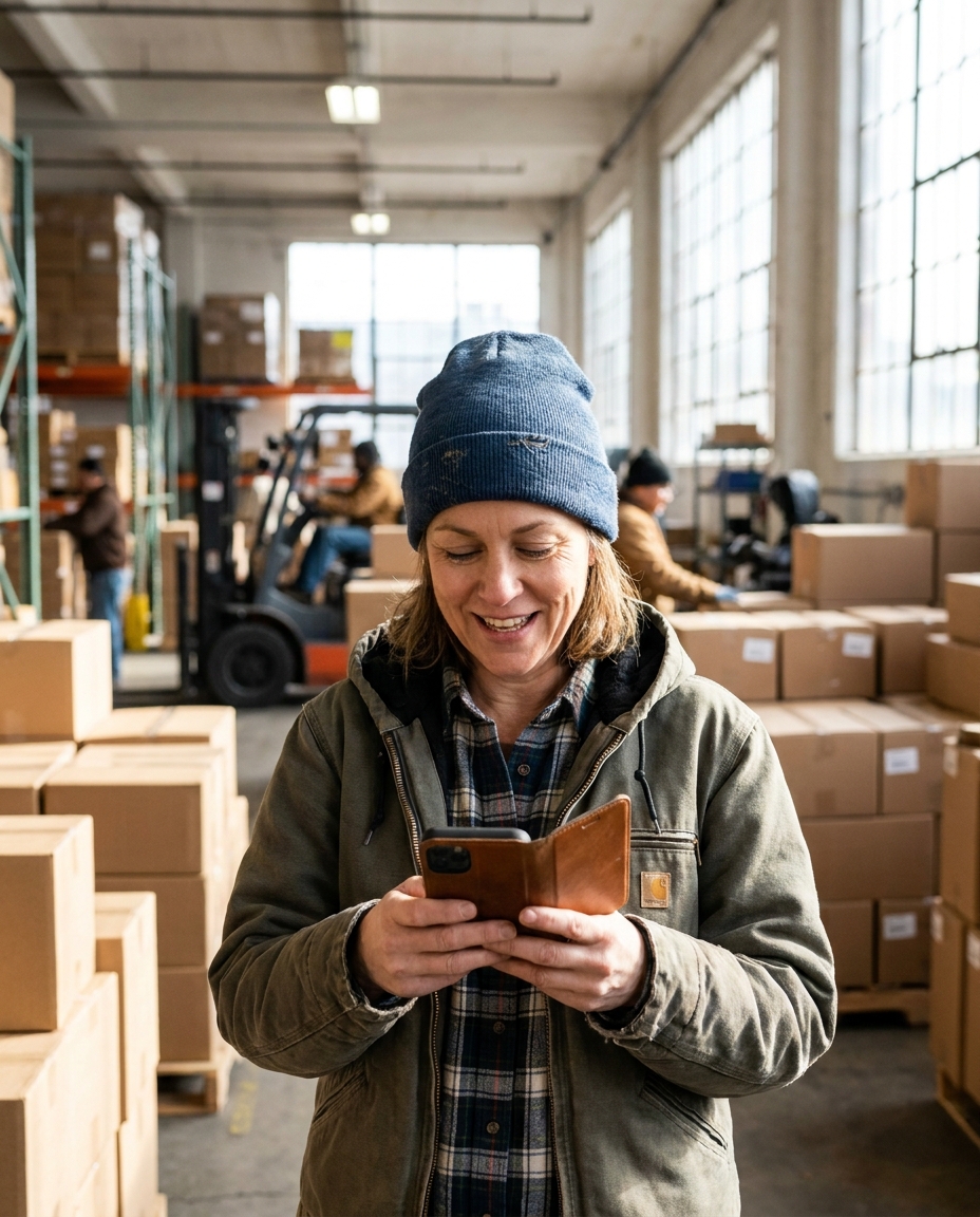 Business owner in their warehouse checking their phone after securing fast capital