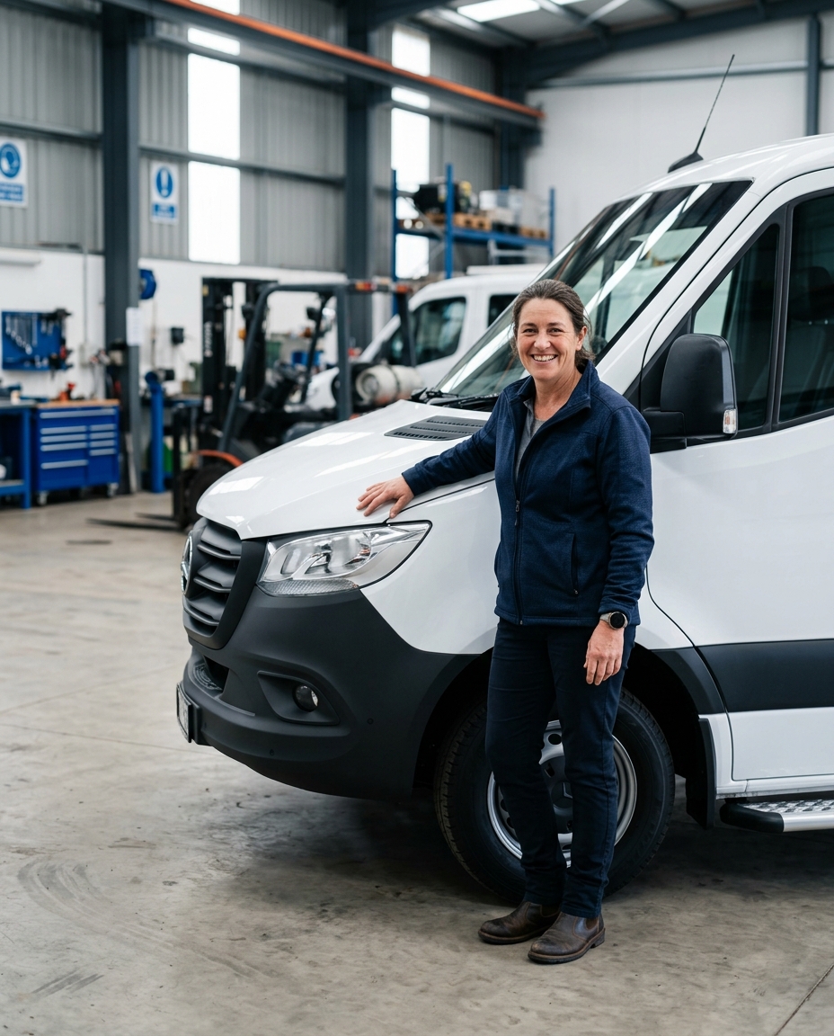 Business owner beside a new work van in a workshop