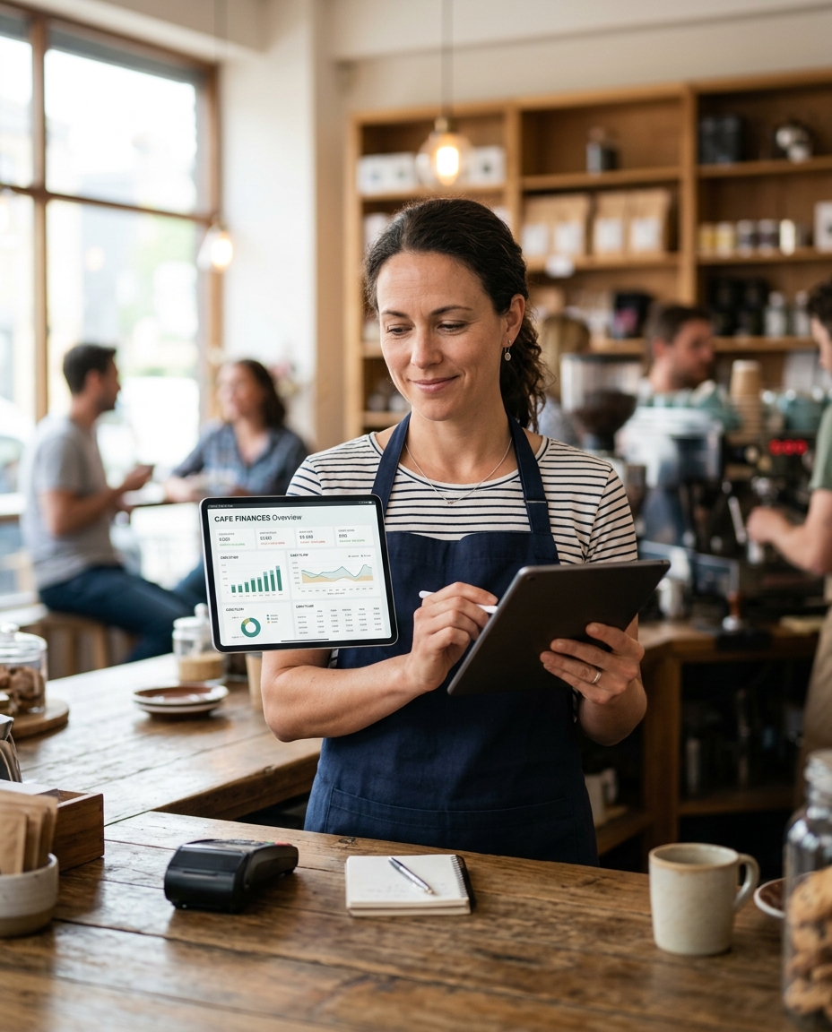 Small business owner reviewing finances at their shop counter