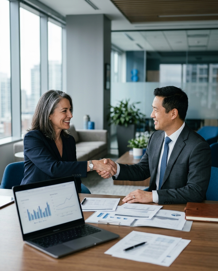 Business owner and advisor shaking hands in a modern office