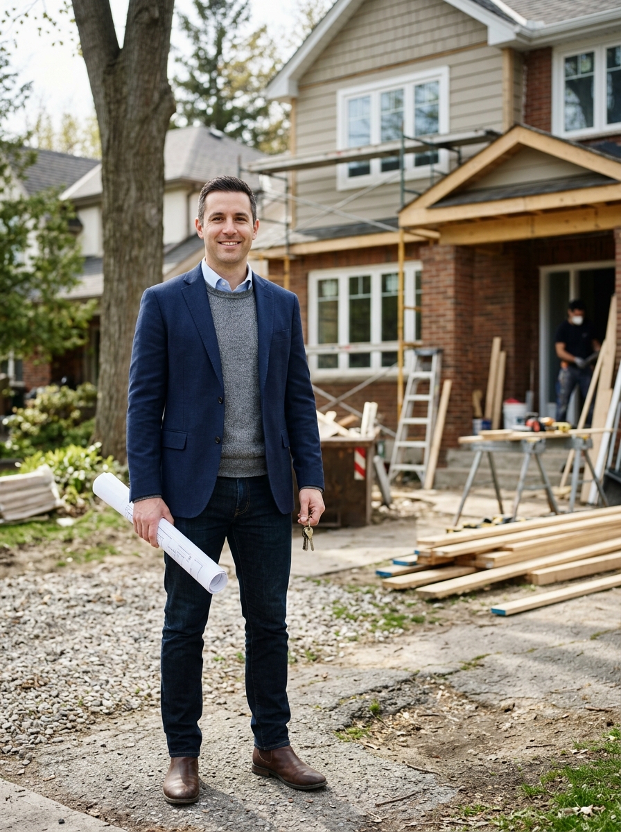 Real estate investor in front of a property under renovation